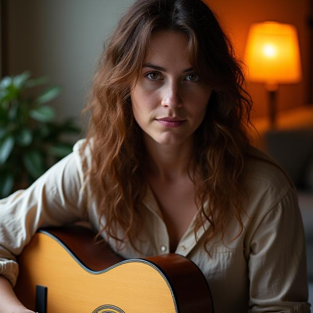 Singer-songwriter Lena Hart with her acoustic guitar.