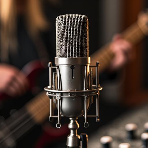 A vintage microphone in a recording studio setting.