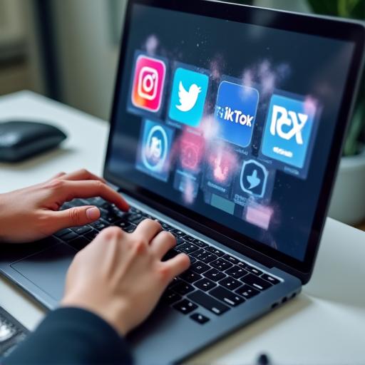 Close-up of hands typing on a laptop with social media icons visible.